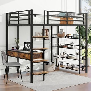 Metal Loft Bed with Desk, Ladder, Fence, and Shelves for Kids