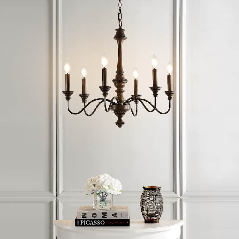 Sofia 25" 6-Light Midcentury Farmhouse Iron LED Chandelier, Wood Finished/Oil Rubbed Bronze by JONATHAN Y