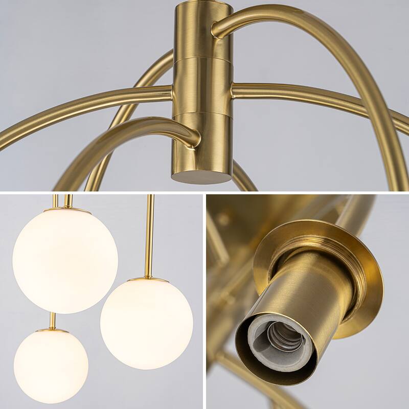 6-Light Brass Semi-Flush Mount Ceiling Light with Opal Glass Globe Shades - 27.2-in W x 32.3-in H