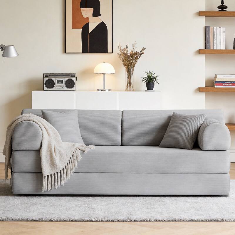 Convertible Sleeper Sofa Bed with Cylindrical Pillow, Corduroy Folding Mattress Couch with Fixed-Shape Frame for Bedroom