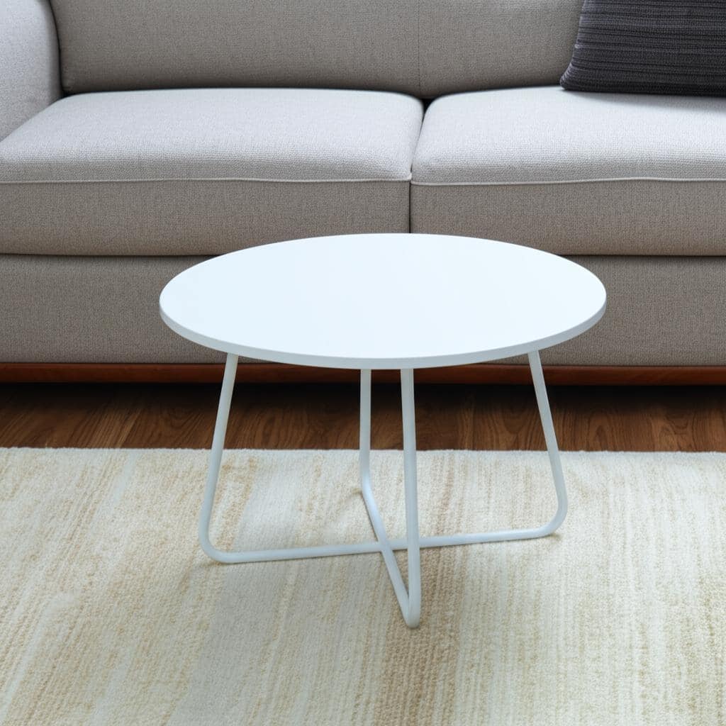 HomeRoots 28" White Wood And Metal Round Cross Legs Coffee Table - 28 in. x 17 in. x 28 in.