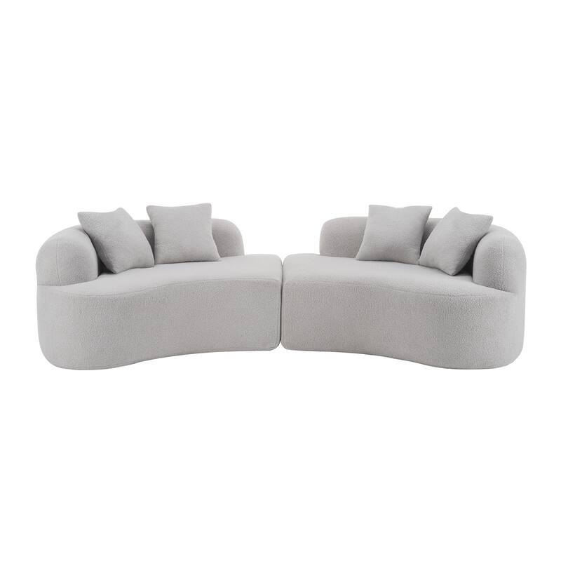 Curved Four Seater Grey Sofa, Teddy Velvet Fabric, No-Assembly for Small Spaces