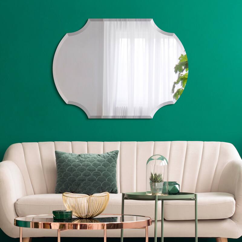 Frameless Beveled Octagonal Scallop Black Matte Finished Wall Mirror, 1" Beveled Rectangular Scalloped Mirror - 28" x 38" x 0.6"