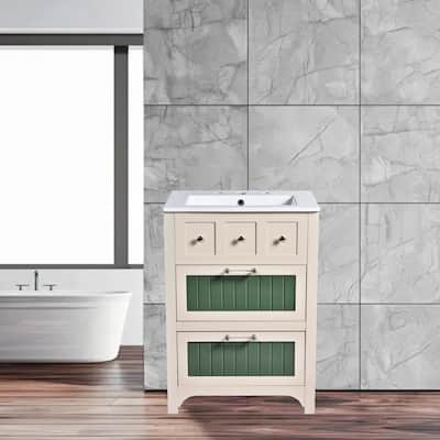 Modern 24" Bathroom Vanity with Ceramic Sink, 2 Drawers & Storage, Wooden Bathroom Cabinet