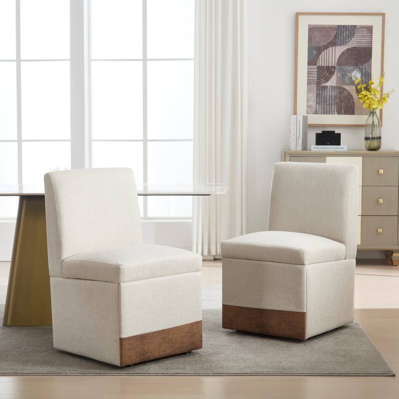 360 Degree Swivel Upholstered Dining Chairs Set of 2,Swivel Dining Chairs with Casters & Storage, Modern Rolling Chair - Beige