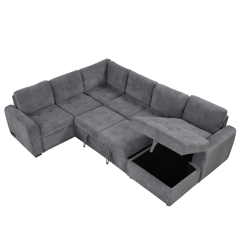 107.5" U-Shaped 5-Seater Sectional Sofa with Pull-Out Bed, Storage Chaise Lounge, USB Ports, and Power Outlets
