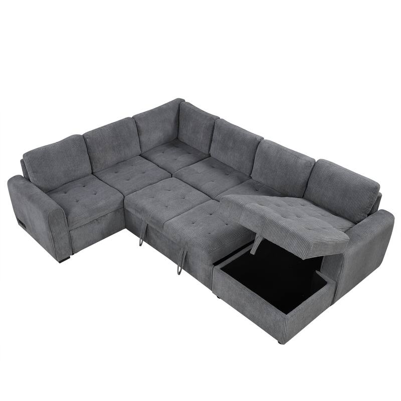 Convertible Sectional Sleeper Sofa with Pull Out Bed, Storage Chaise & Charging Devices, Oversized Corduroy U-Shaped Cloud Sofa