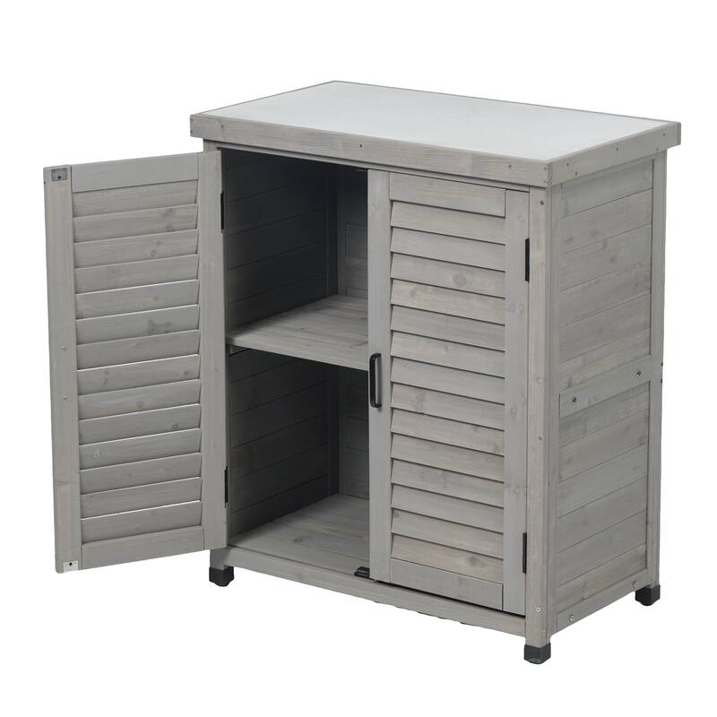GDF Studio - Outdoor Wooden Potting Bench with Metal Tabletop Workstation and Storage Cabinet