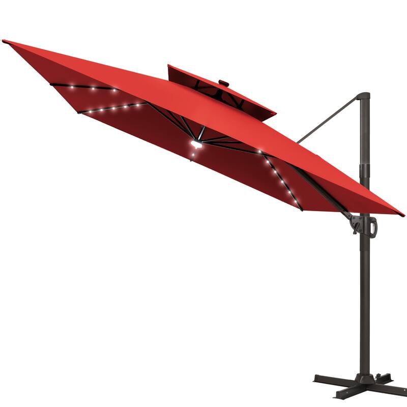 11 FT Square Outdoor Patio Cantilever Umbrella with Solar Lights Double Canopy 360 Rotation Tilt
