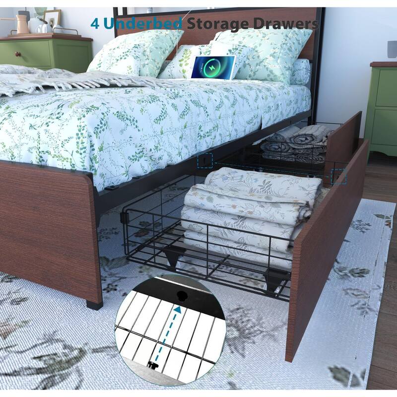 King Size Bed Frame with Charging Station,LED,Drawers