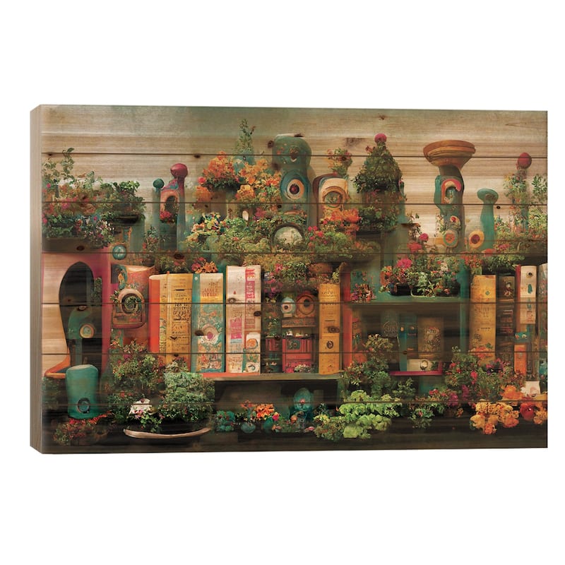 Of Whimsy Books And Flowers Print On Wood by Beth Sheridan - Multi-Color - 18x26x1.5
