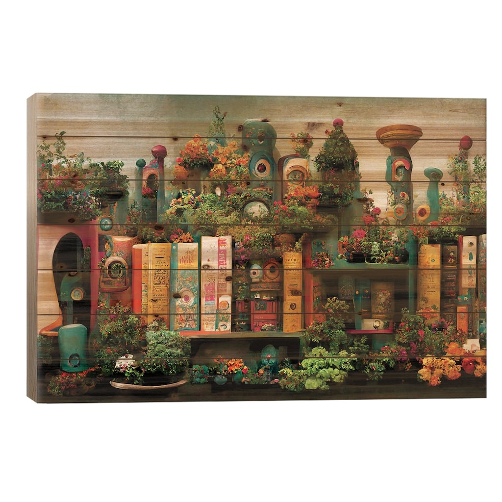 Of Whimsy Books And Flowers Print On Wood by Beth Sheridan - Multi-Color