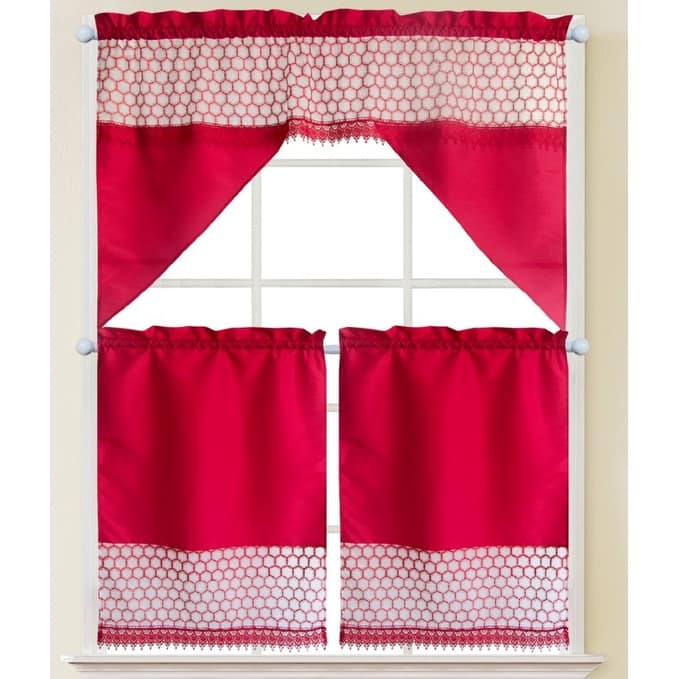 Macrame Subtle Embroidered Kitchen Curtains - Quinn - Burgundy