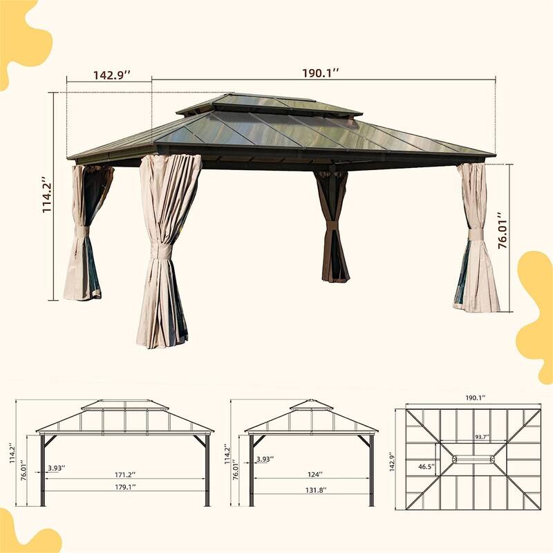 16 ft x 12 ft Outdoor Gazebo with Curtain and Netting Steel Metal Rectangle Screened Roof