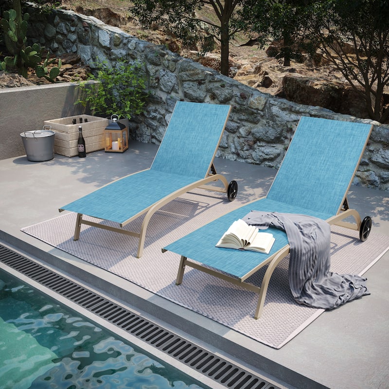 Pellebant 2PCS Outdoor Adjustable Chaise Lounge Chair with Wheels - N/A - Blue