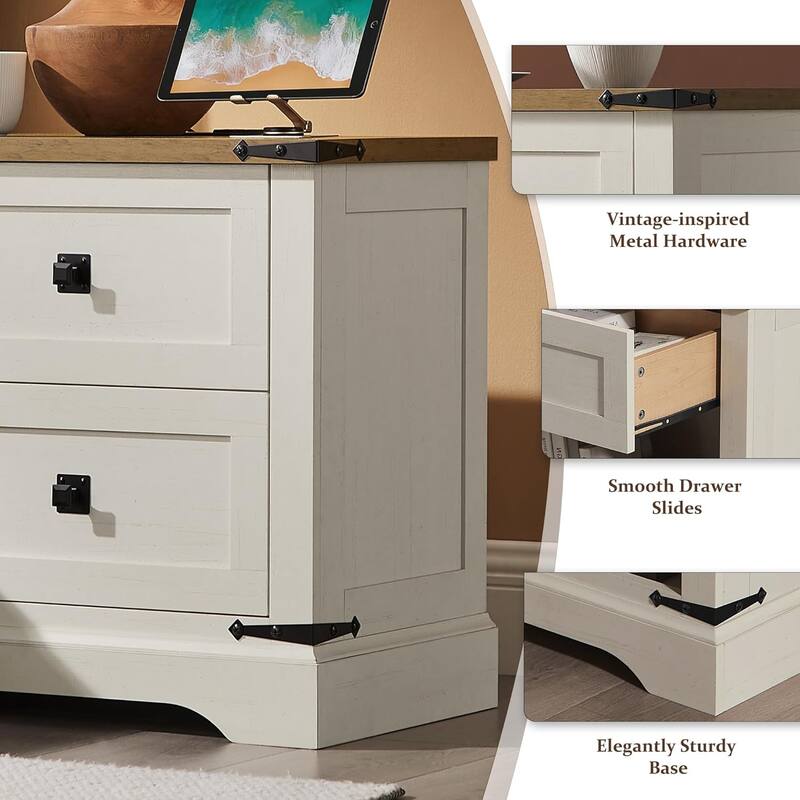 Farmhouse 2 Drawers Nightstand with Charging Station, Large End Table