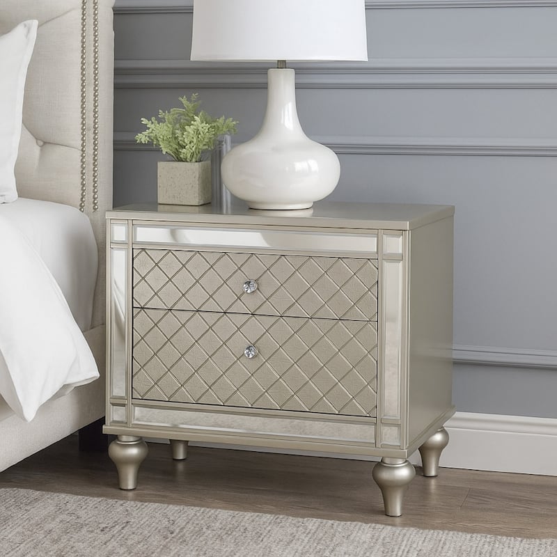 Cristo Nightstand, 2 Dovetail Drawers, Crystal Knobs, Champagne Silver