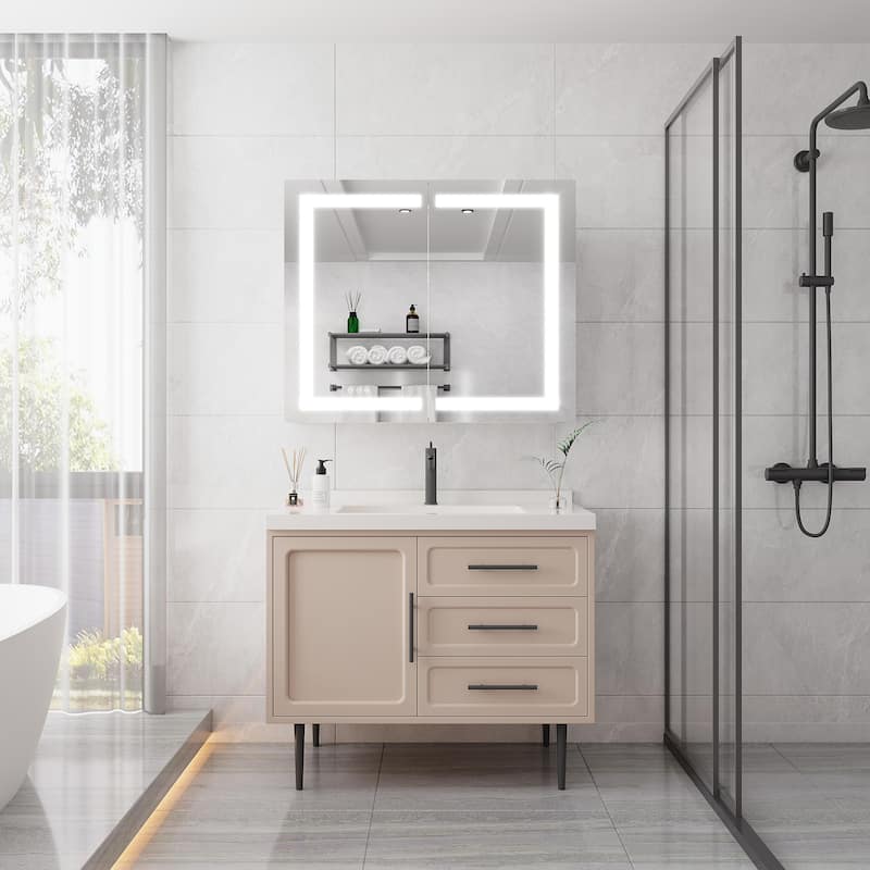 36" Surface Mount Aluminum Medicine Cabinet with Double Door, Mirror and LED Lights - 36" x 24" in.