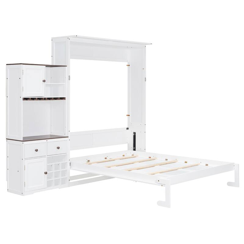 Functional Queen Murphy Bed with Side Cabinet, Wine Storage, and LED Mood Lighting