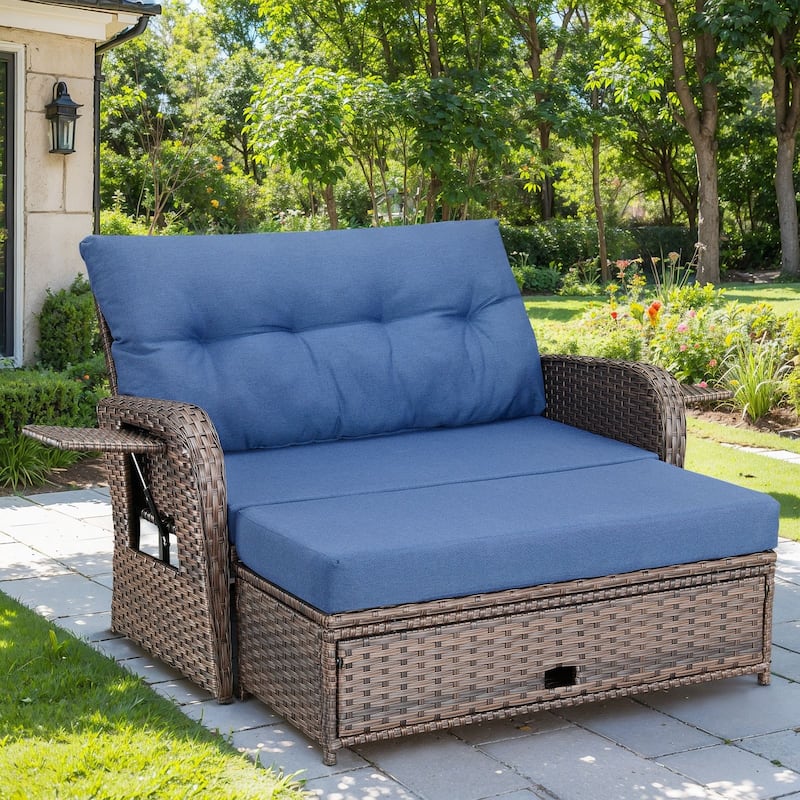 Gymojoy Adjustable Outdoor Wicker Daybed Patio Sofa Bed, 5-Position with Storage Ottoman - Daybed with Ottoman - Blue