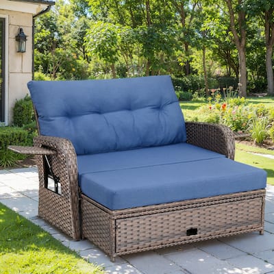 Gymojoy Adjustable Outdoor Wicker Daybed Patio Sofa Bed, 5-Position with Storage Ottoman