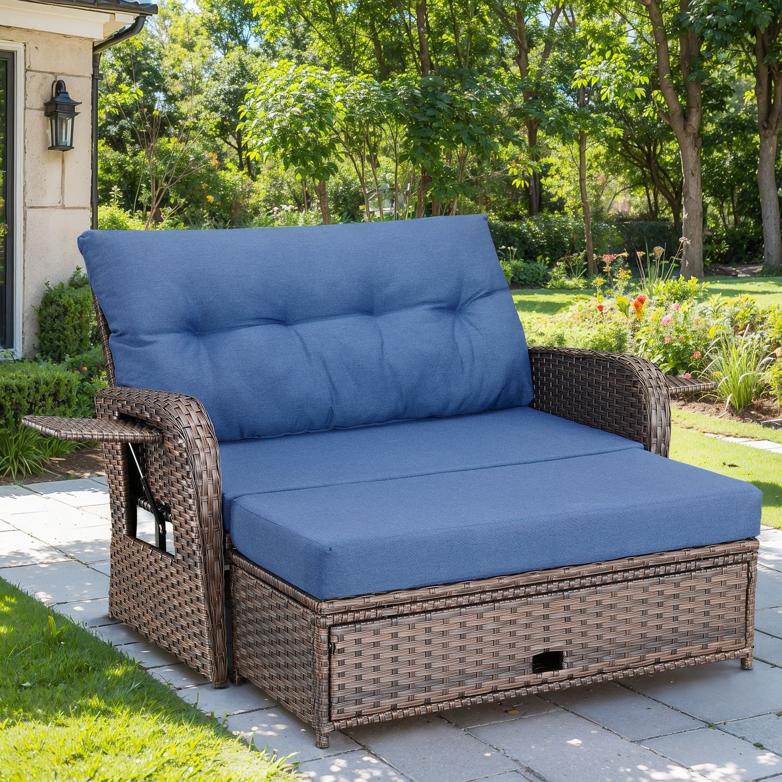 Gymojoy Adjustable Outdoor Wicker Daybed Patio Sofa Bed, 5-Position with Storage Ottoman