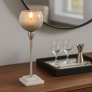 Glass Votive Candle Holder on Marble Stand - Silver