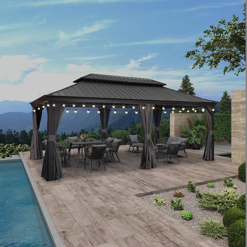 PURPLE LEAF Outdoor Galvanized Steel Hardtop Gazebo, Aluminum Frame Gazebo With Curtains and Light - 12ft x 20ft