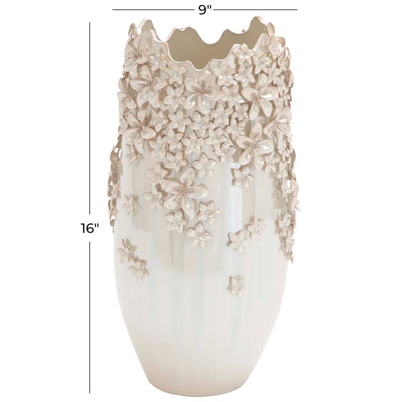Ceramic Floral 3D Vase with Iridescent Glaze - Cream - Roche River Decor - 9"W x 9"L x 16"H
