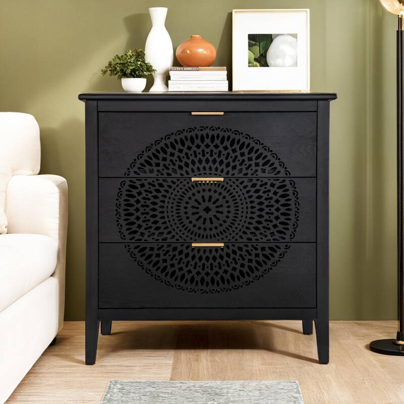 3 Drawer Cabinet with Hollow-Carved 3 Drawer Dresser Storage Chest with Metal Handles For Entryway Living Room Bedroom - Black