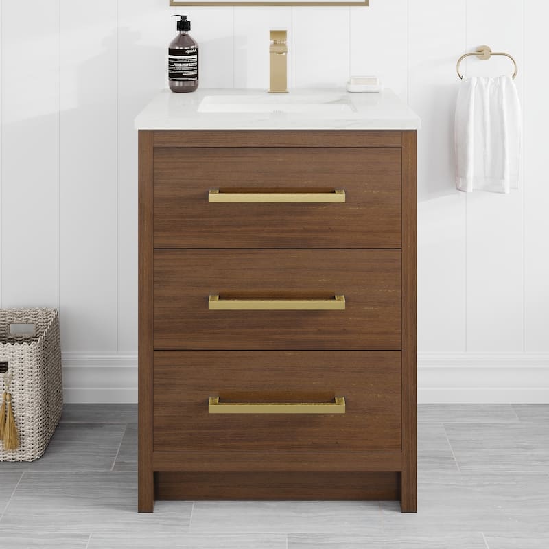 Eviva Curio Bath Vanity with WH Carrara Quartz Top and Undermount Sink - 24" - Walnut