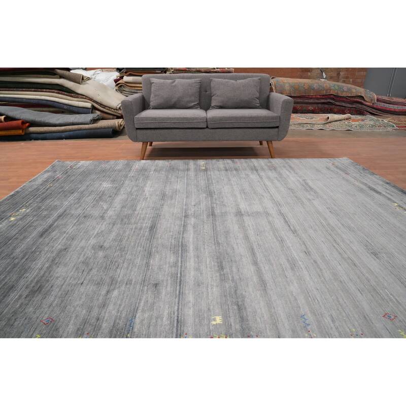Hand Knotted Oriental Viscose Silk Carpet Tribal Animal Pictorial Greys & Charcoal Gabbeh Area Rug - 9' 11'' X 8' 1''