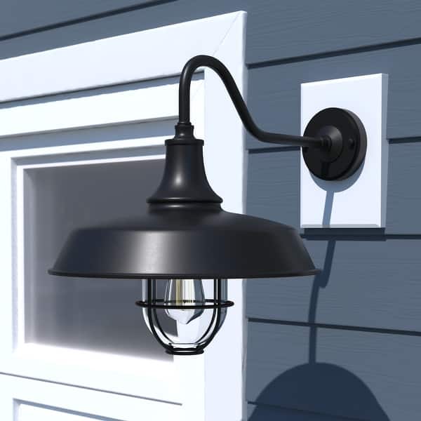 slide 2 of 13, VAXCEL Dorado 16.75 in. H 1-Light Dark Bronze Dusk to Dawn Sensor Farmhouse Outdoor Wall Sconce, Gooseneck with Metal Cage Shade Dark Bronze and Light Gold - 15-in W x 16.75-in H x 23-in D