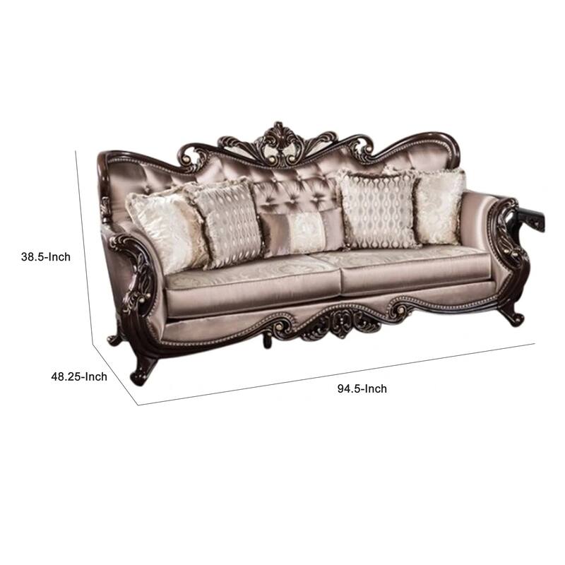 Aboi Sofa w 5 Pillows, Brown Velvet, Carved Dark Cherry Wood, 95 Inch