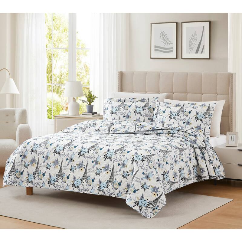 Hudson Paris Flower 3pc Pinsonic Quilt - King - 3 Piece