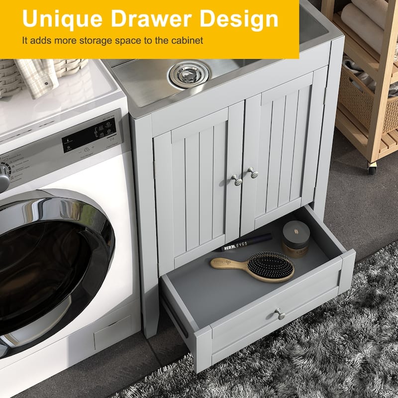 24 inch Laundry Cabinet Utility Sink Vanity, Stainless Steel Sink, Faucet and Cabinet Combo