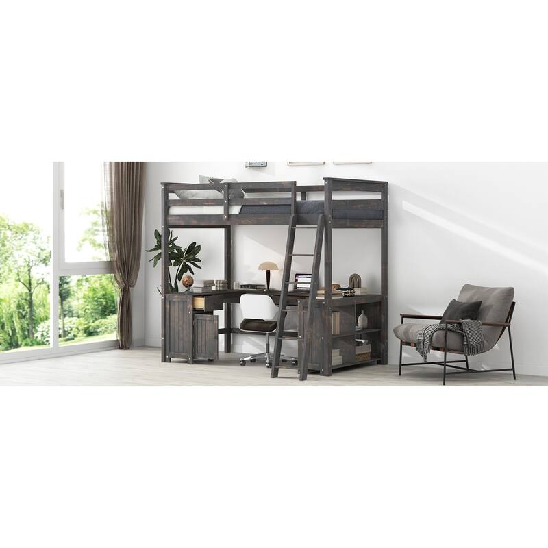 Roomfitters Full Size Wood Loft Bed with U-Shaped Desk, Drawers and Storage Shelves, Antique Brown