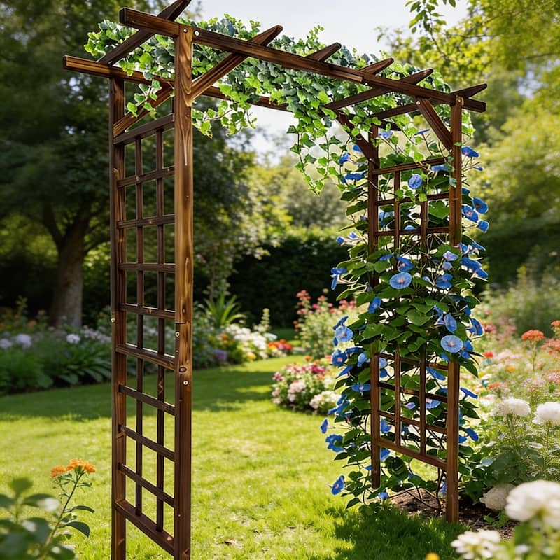 85-Inch Wooden Garden Arbor with Flat Top Sturdy Fir Wood Pergola Trellis for Climbing Plants Teak - Brown