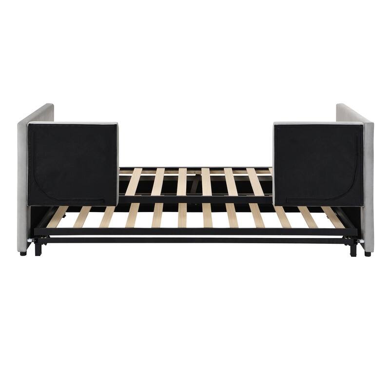 Twin Size Upholstered Daybed with Extendable Trundle,Platform Bed Frame with Wood Slats, Sofa Bed Frame for Living Room Bedroom