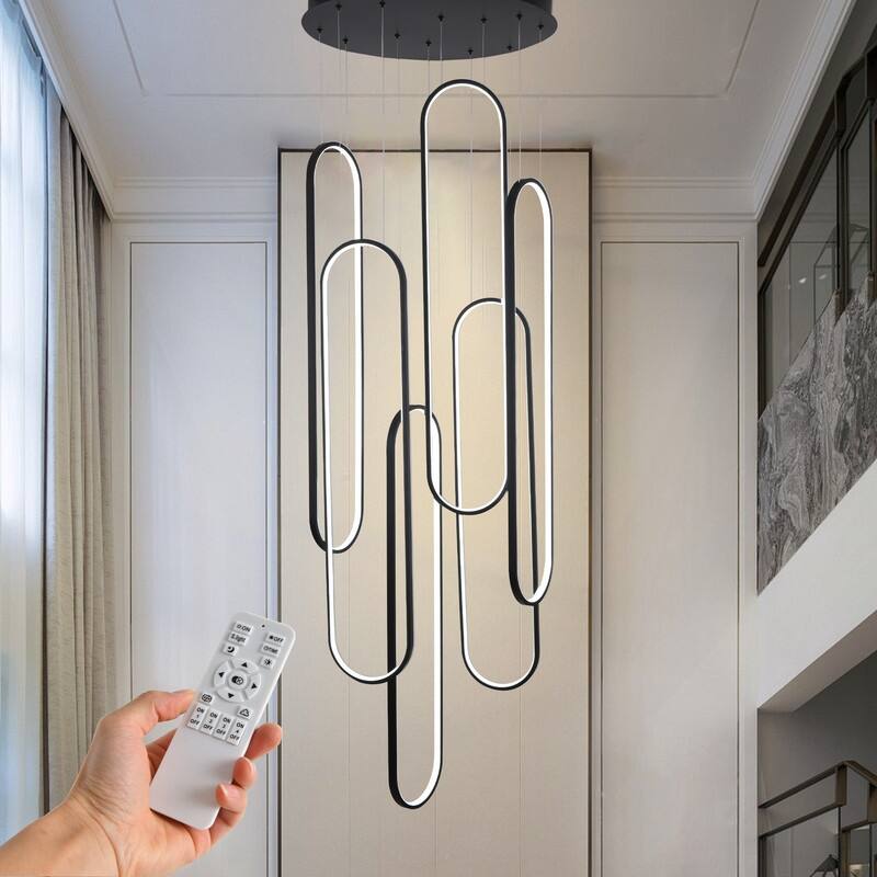 Modern LED Chandelier Large High Ceiling 6 Ring Dimmable Chandelier - Black - 23.6x23.6x157in