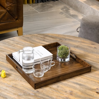Square Black Walnut Wood Serving Tray Ottoman Tray with Handles