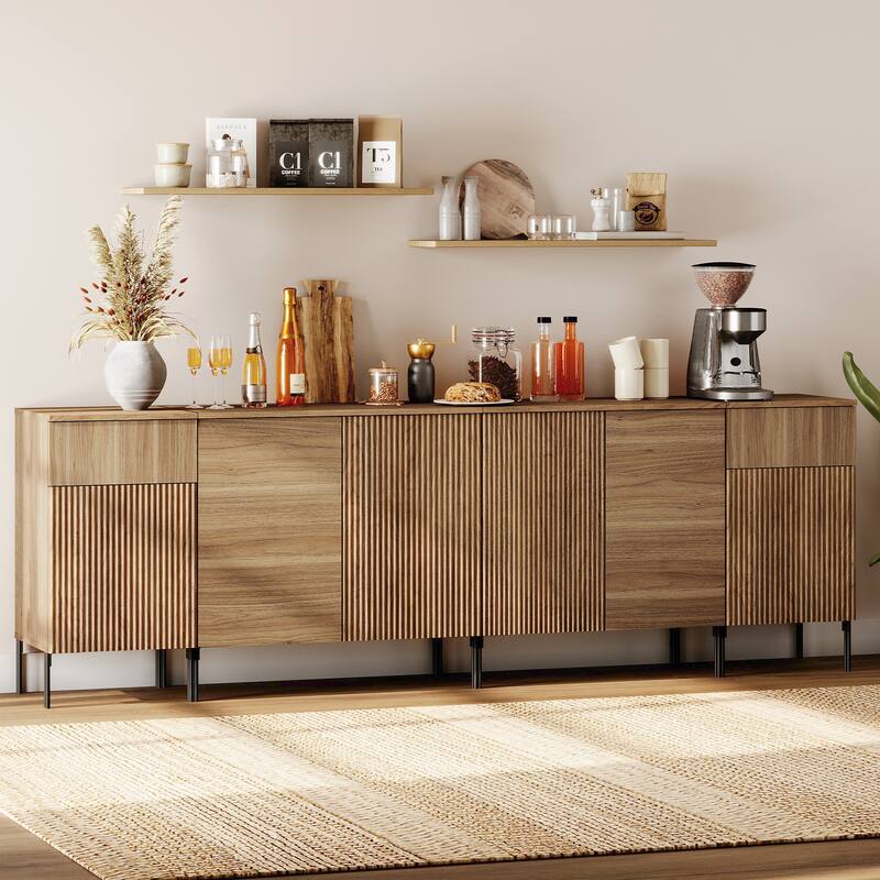 94.5" Modern Reeded 4-Door Sideboard With Charging, 4-In-1 Wooden Credenza Storage Cabinet