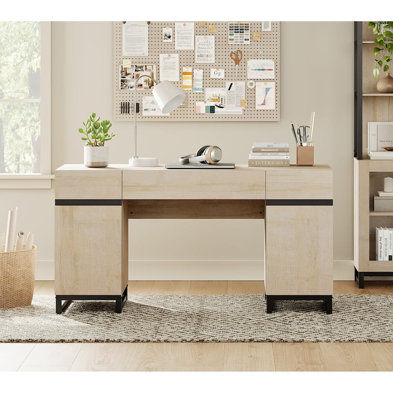 WAMPAT 59" Modern Executive Desk with Drawers, Home Office Computer Desk with Charging Station, File Drawer, Storage Cabinet.