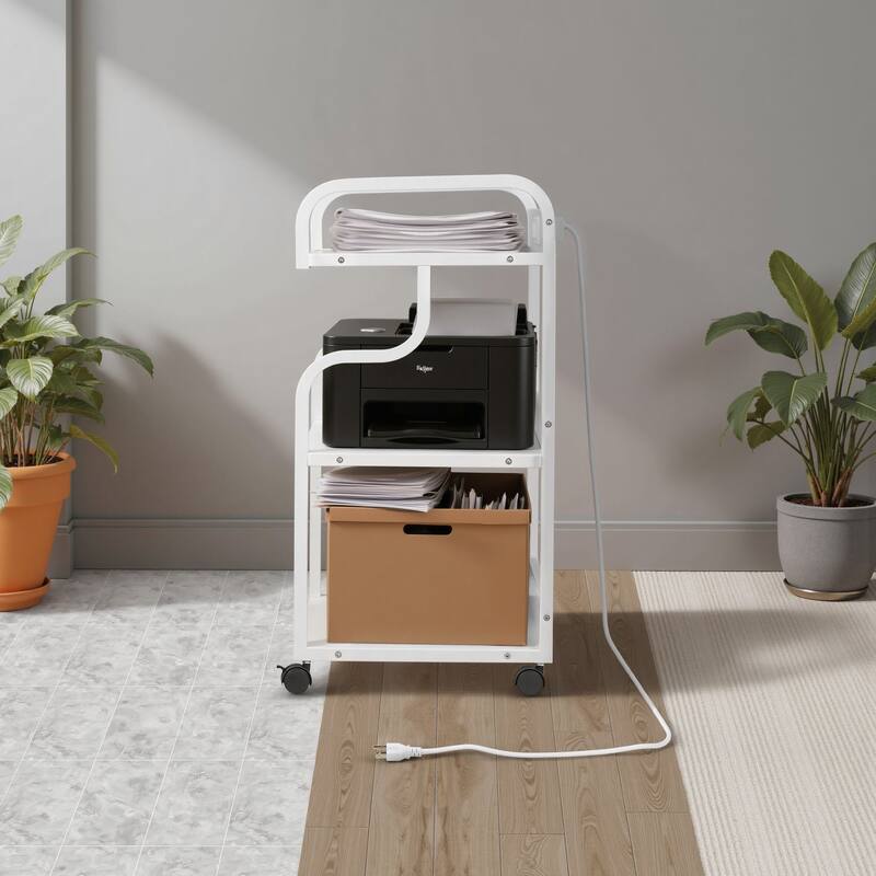 Javlergo 2-in-1 White Rolling Utility Cart with Outlets & USB Ports 3-Tier Open Shelf or 2-Tier with Door Cabinet Office Cart