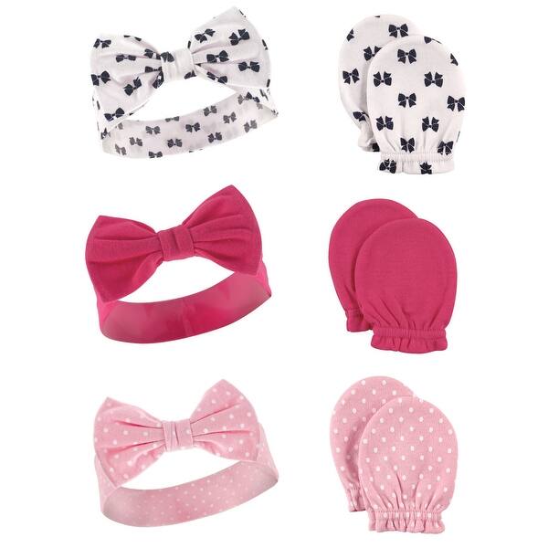 slide 1 of 1, Hudson Baby Infant Girl Cotton Headband and Scratch Mitten 6pc Set, Bows, 0-6 Months - Bows Bows - 0-6 Months