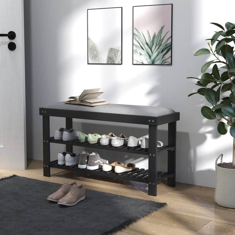 HOMCOM Bamboo Shoe Bench, 3-Tier Entryway Bench with Storage and Cushion, Shoe Organizer for Entryway, Hallway