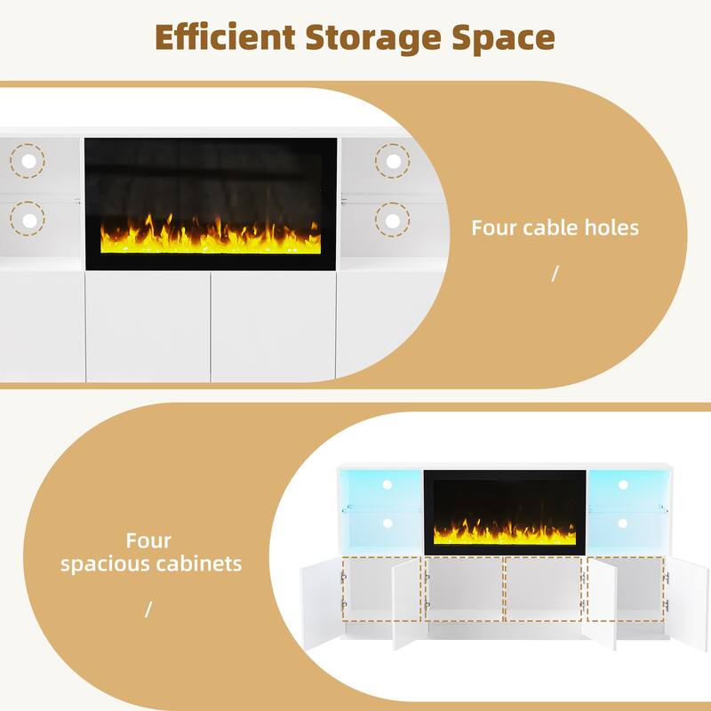 High Gloss Media Console with 34.2" Electric Fireplace - Stylish TV Stand with LED Lighting