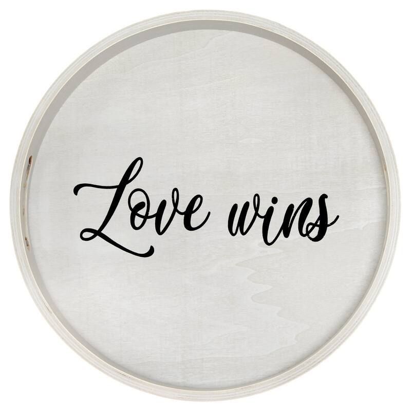 HomeRoots 14" Gray And Black Love Wins Round Serving Tray With Handles - 13.75 in. x 1.65 in. x 13.75 in.