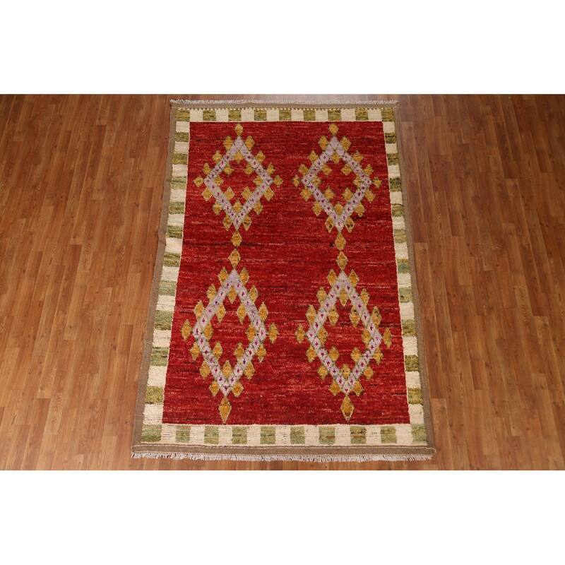 Hand Knotted Oriental 100% Wool Carpet Modern Geometric Red Moroccan Area Rug - 8' 2'' X 5' 5''