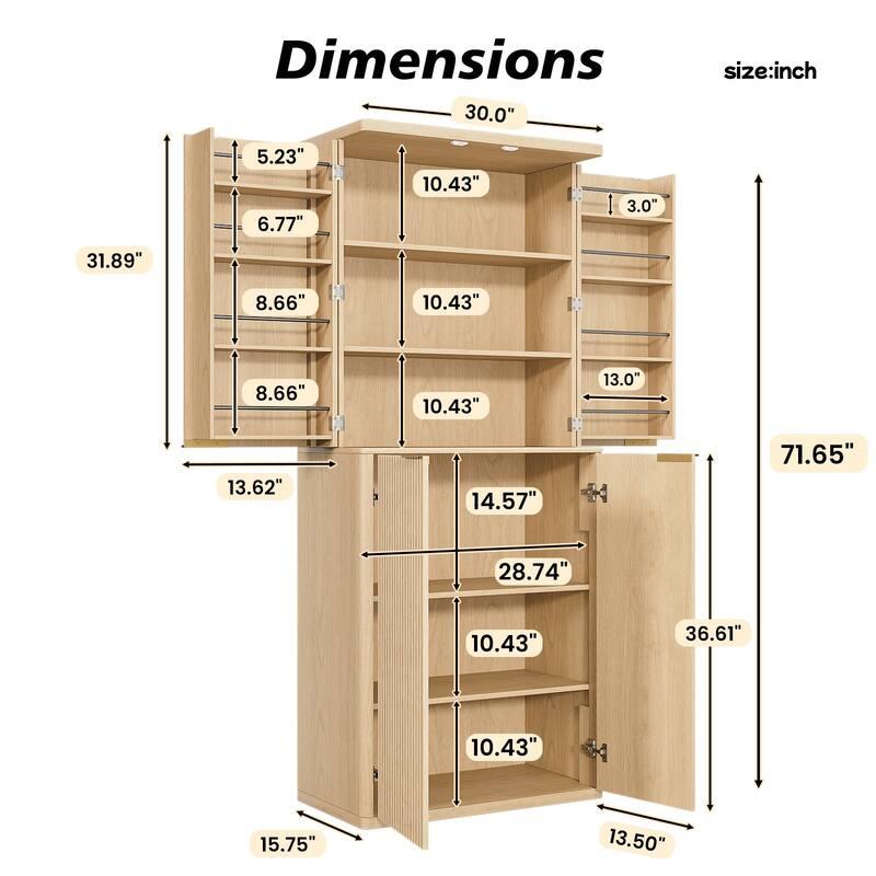 72" Tall Kitchen Pantry Modern Fluted Wood Storage Cabinet with Doors,6 Door Shelves, Organizer, Versatile Cupboard